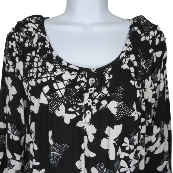 Talbots Womens Black White Butterfly 3/4 Sleeve Tunic Top S Crochet Detail - Picture 3 of 12